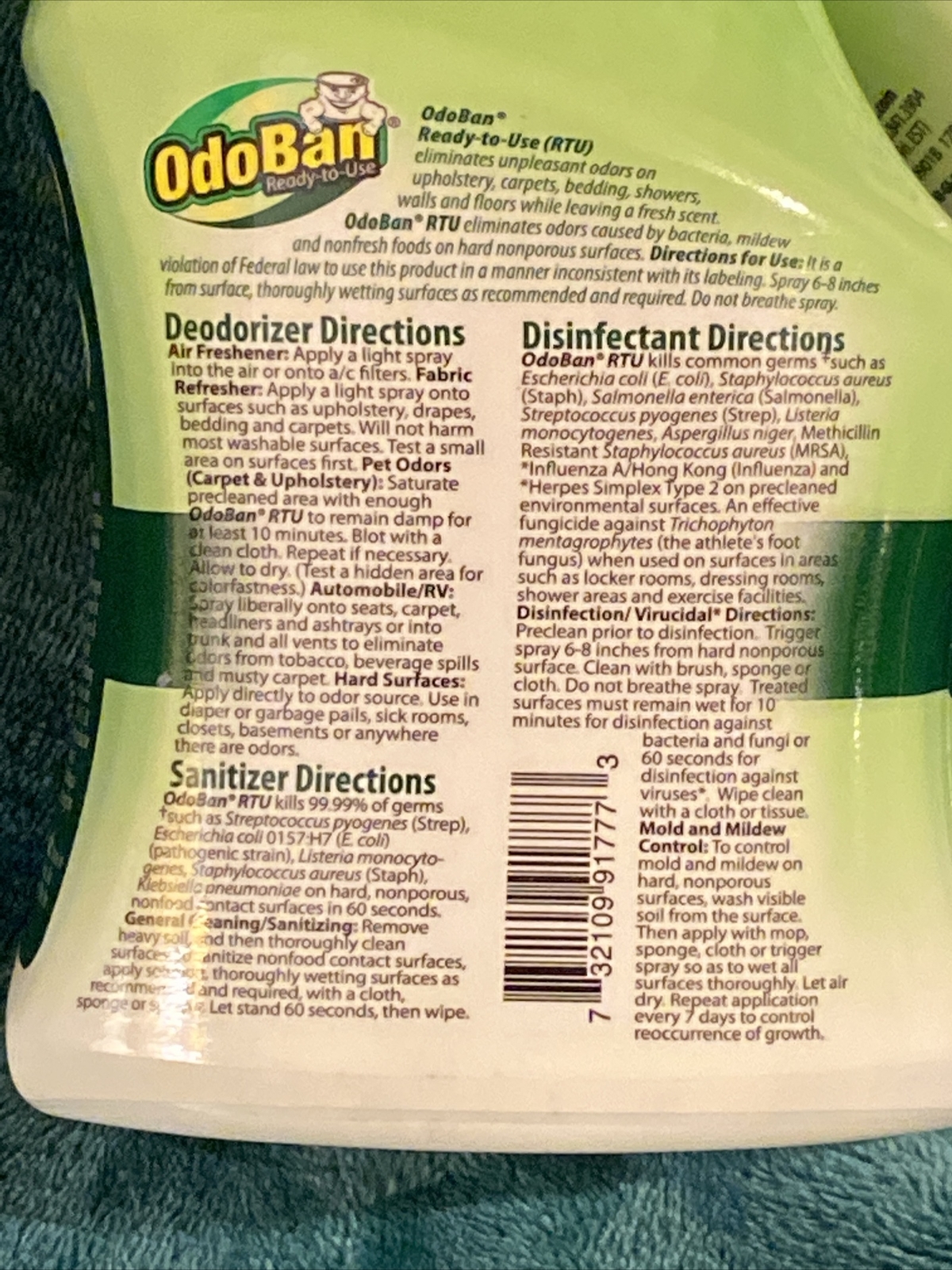 2x OdoBan Disinft Fabric Air Spray Kills 99.9 on Multi Surfaces 27 oz Bottles
