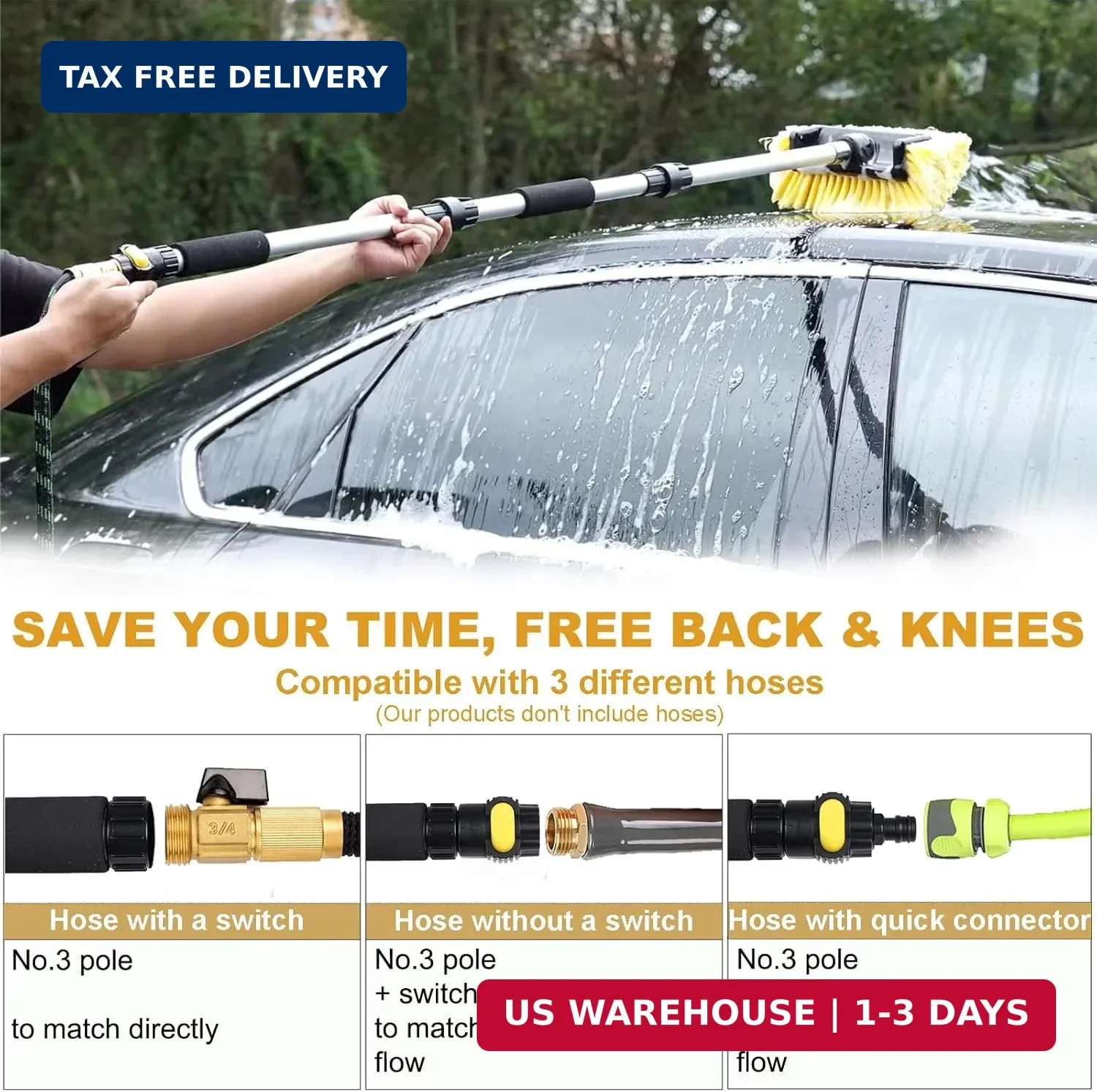 54″ Car Wash Brush with Long Handle and 12″ Soft Bristle Brush Head, Water Flow-