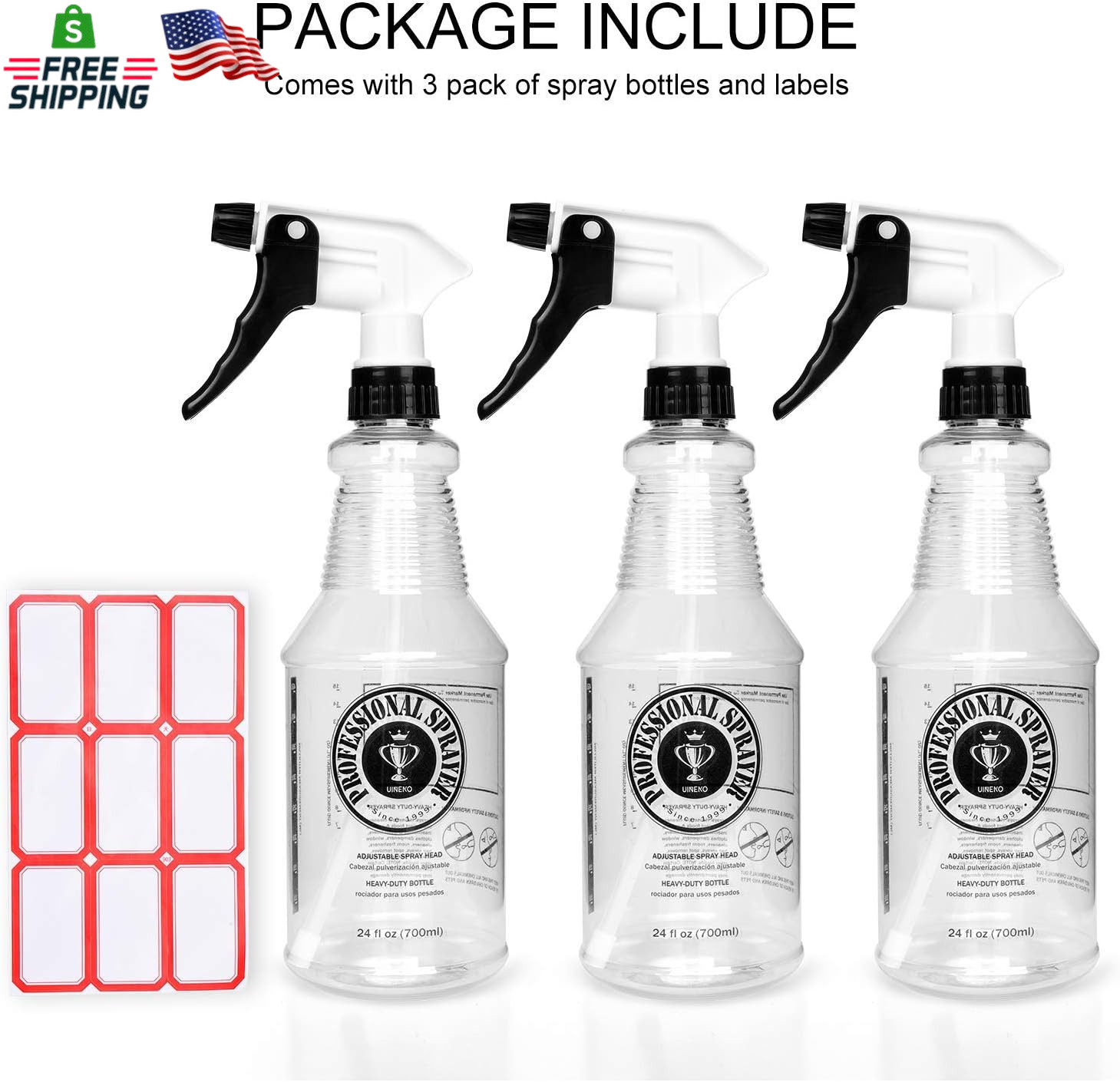 Plastic Spray Bottle (24Oz 3 Pack) for Cleaning Solutions, Car Detailing Care, P