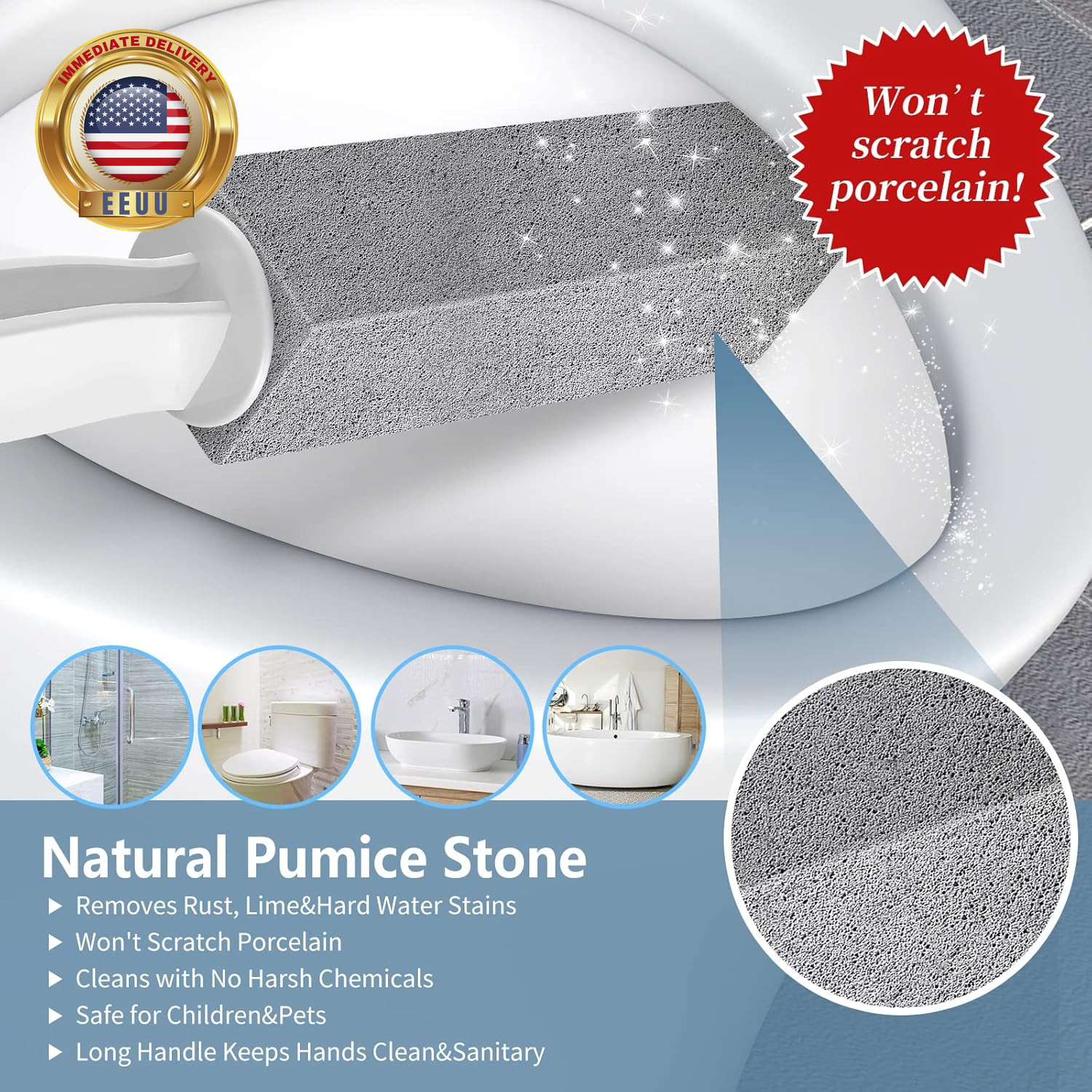 Toilet Bowl Cleaner Pumice Stone -Hard Water Stain Remover with Ergonomic Handle