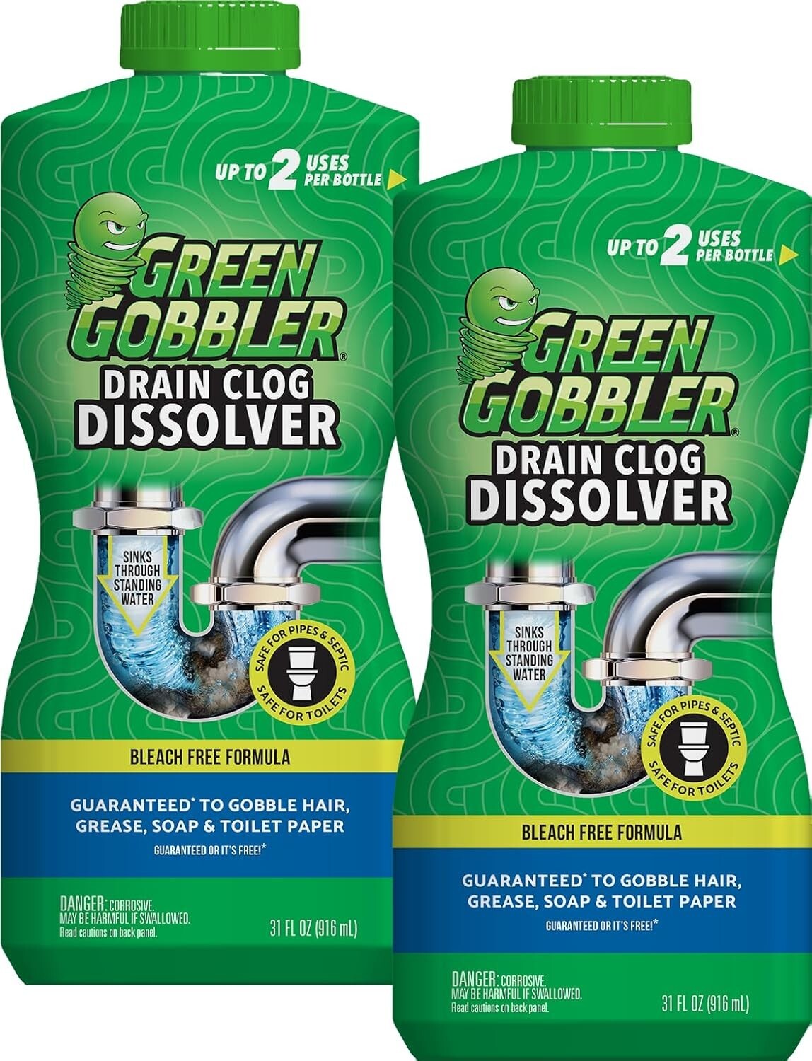 2 Pk Green Gobbler Liquid Hair Drain Clog Remover & Cleaner, Septic Safe, 31 oz
