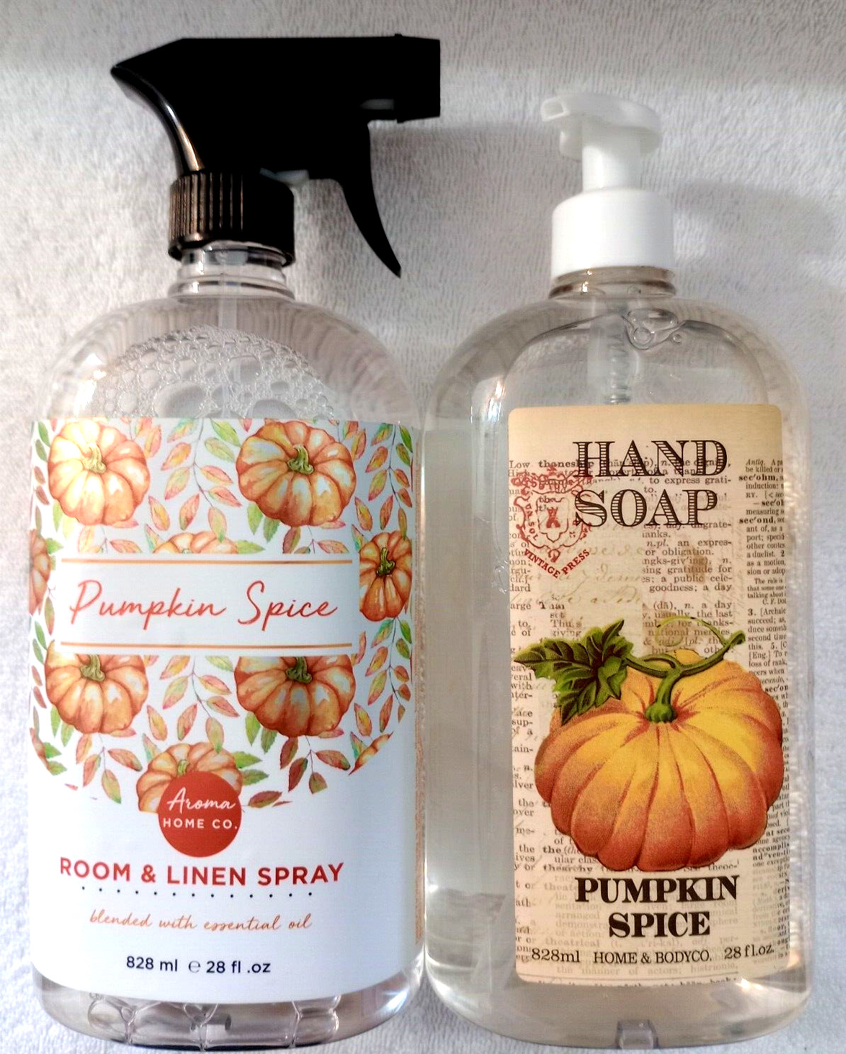 2- LOT Home & Body Co PUMPKIN SPICE Room Linen Spray & Hand Soap 28 oz ea.