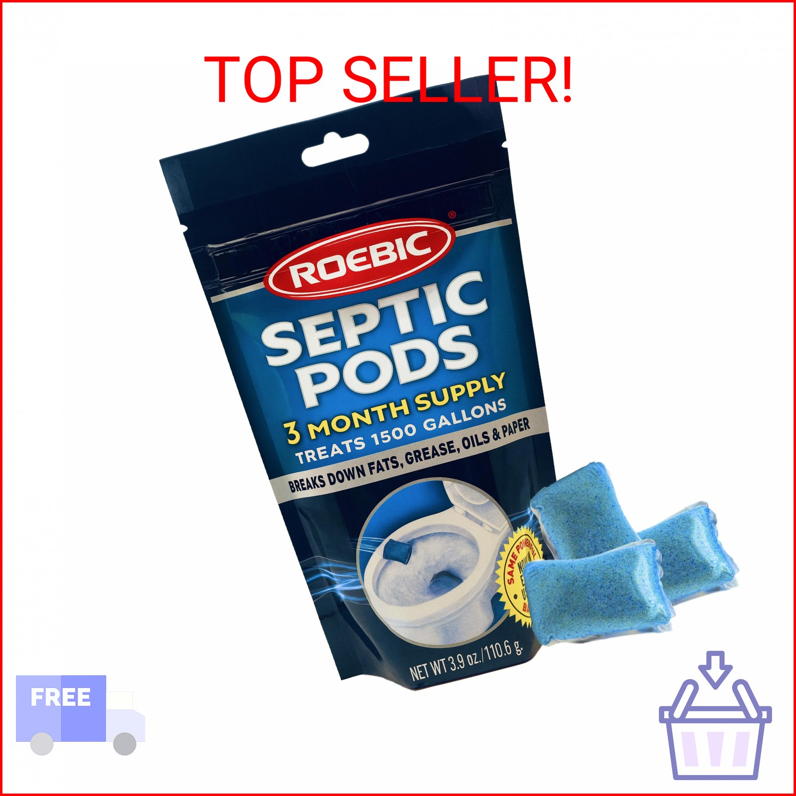 Roebic Septic Tank Treatment Pods, 3 Month Supply of Easy Flush Dissolvable Pack