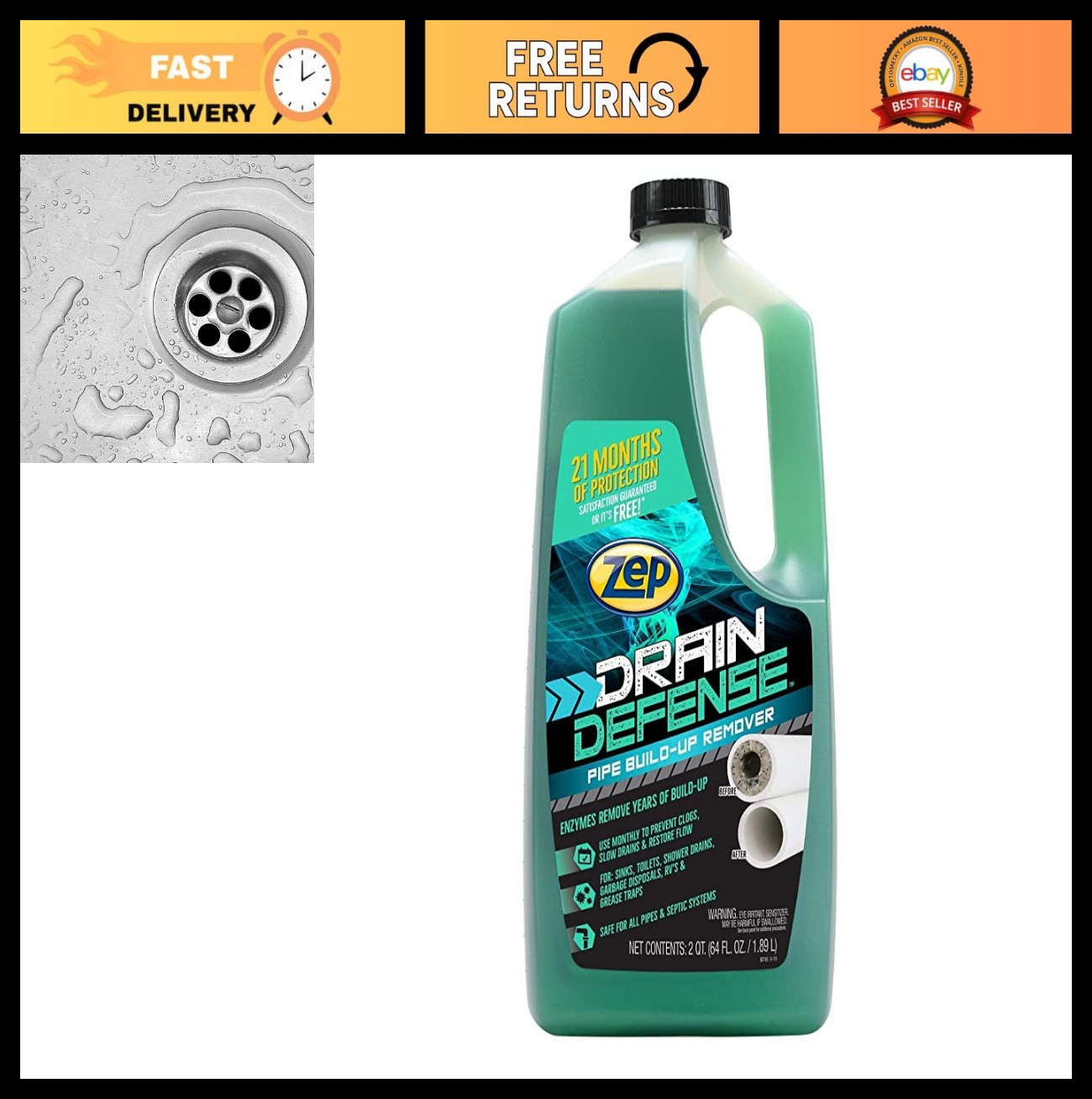 Professional Strength Drain Cleaner – 64 oz Liquid Pipe Build-Up Remover, Eco-Fr