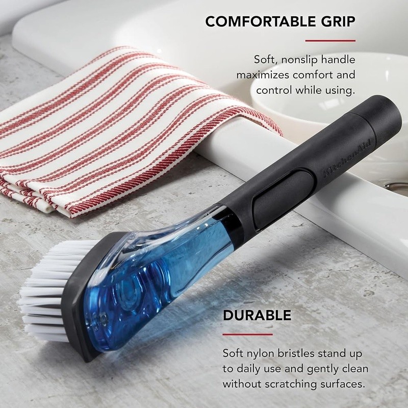 Dish Brush W/ Soap Dispenser Durable Nylon Bristles Easy Grip Kitchen Tool New