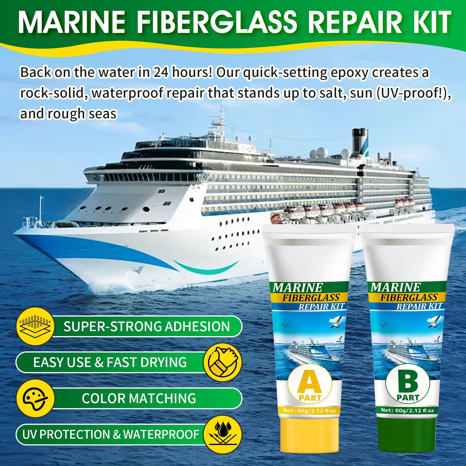 Marine Fiberglass Repair Kit, 4.2 oz Gel Coat Repair Kit for Boats, Fiberglas…