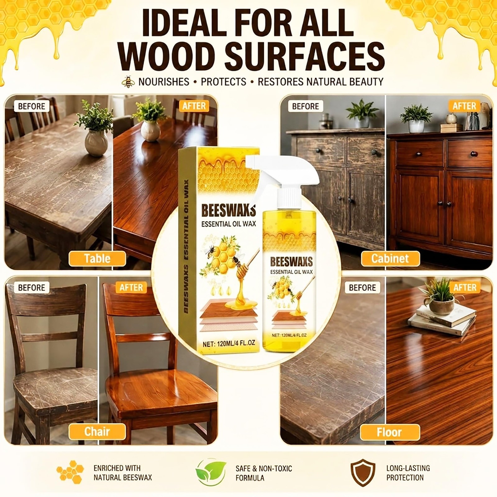 Natural Beeswax Wood Polish Spray with Sponge & Towel