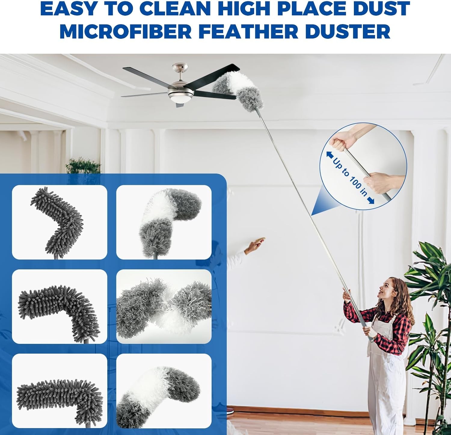 9pcs Extendable Microfiber Duster Kit 100″ Retractable Bendable Cleaning Tools