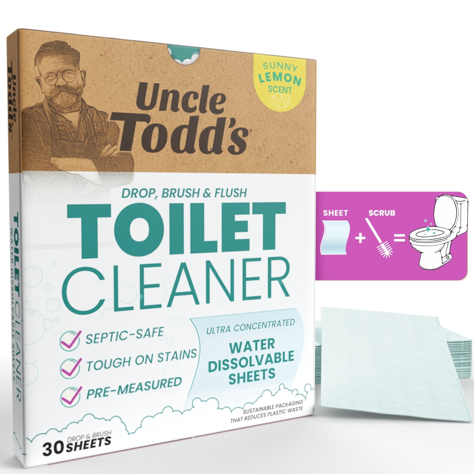 Uncle Todd’s Lemon Scented Toilet Cleaner – 100% Dissolvable Sheets, Drop, Brush