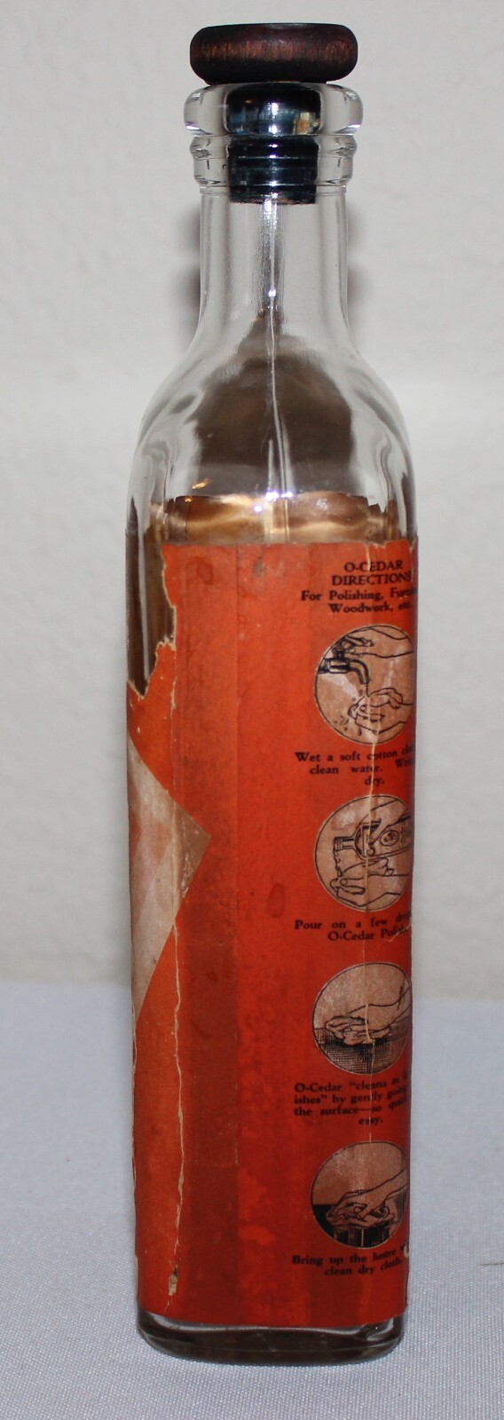 Antique O-CEDAR Polish Glass Bottle Paper Lable Wood Stopper Cap Advertising