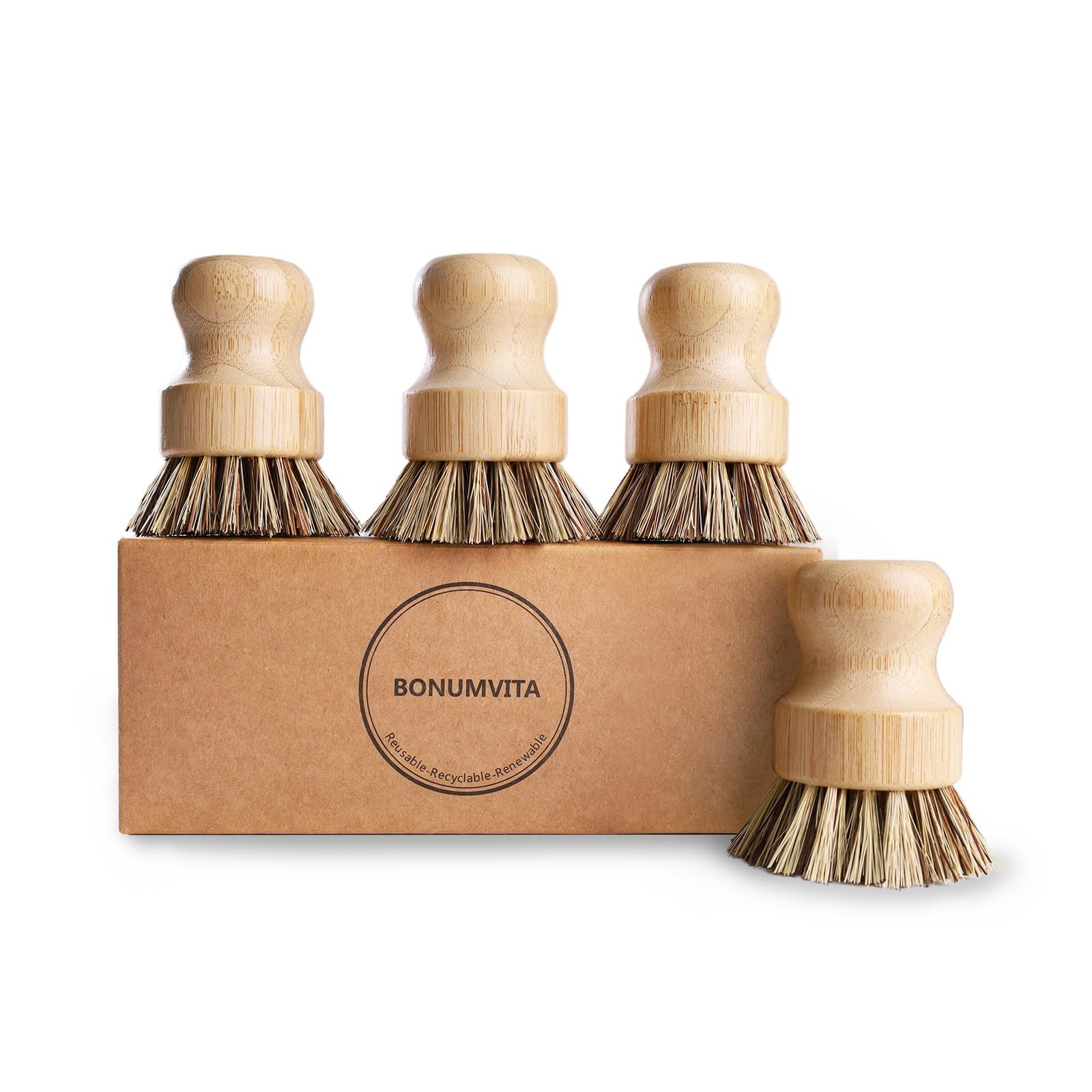 Bamboo Dish Brush Set4 Pack Kitchen Palm Pot Brush with Union Fiber Natural Ba