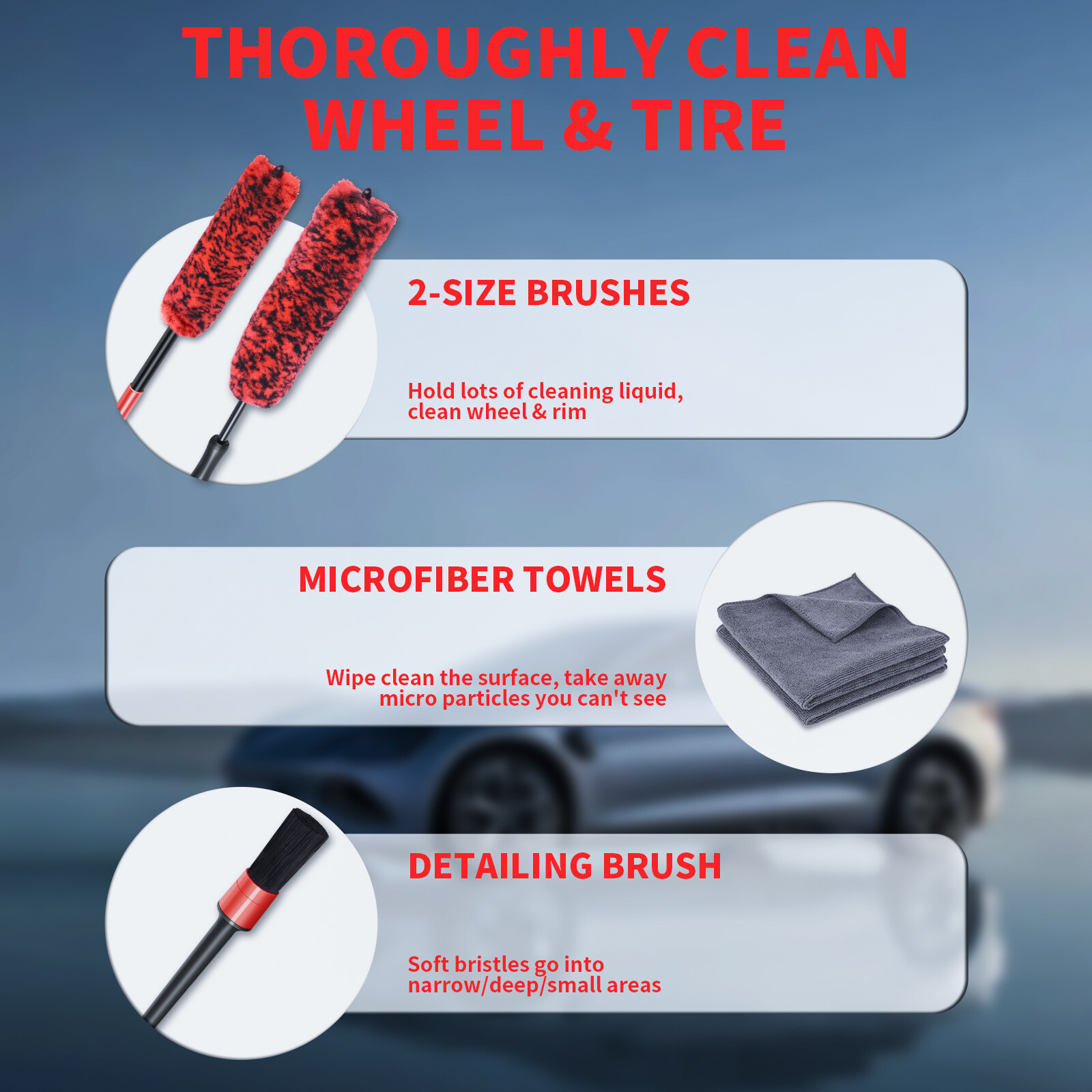 Car Wheel Brush Kit & Detailing Brush Cleaning Towels for Wheels Rims Cleaner