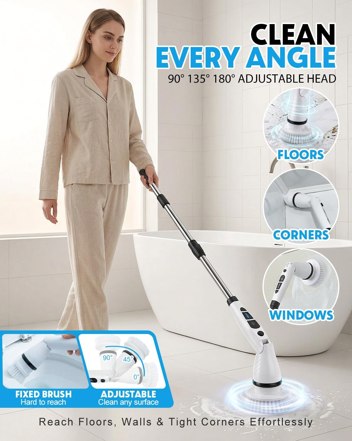 Electric Spin Scrubber, Shower Scrubber with Long Handle, 7 Brush Heads, 2-Sp…