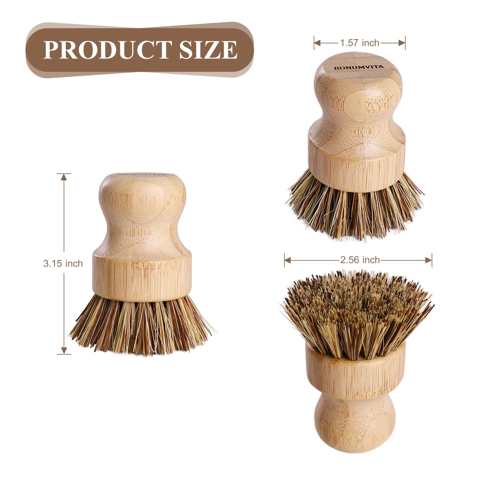 Bamboo Dish Brush Set4 Pack Kitchen Palm Pot Brush with Union Fiber Natural Ba