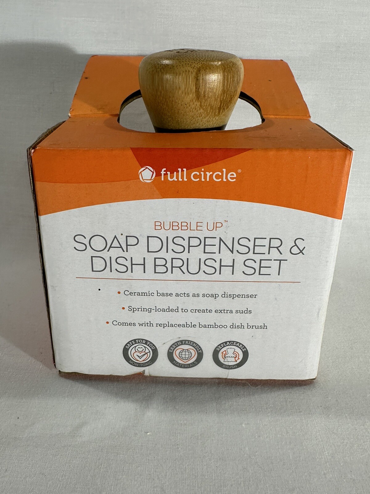 NEW Full Circle White/Green Bubble Up Soap Dispenser & Dish Brush Set