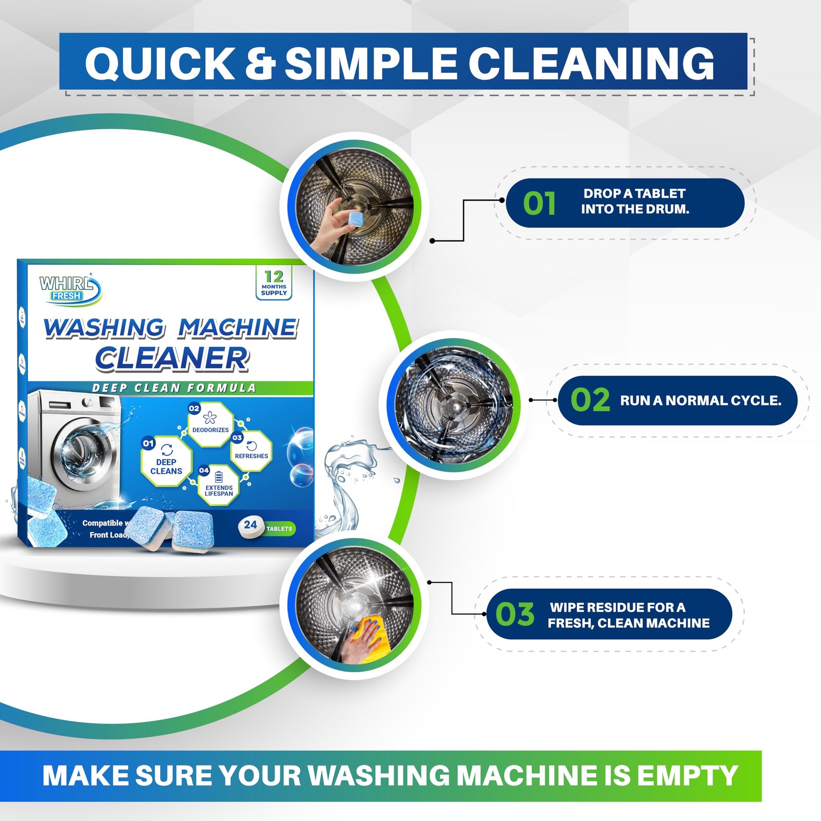 Washing Machine Cleaner Tablets 24 Pack Deep Cleaning Descaler Deodorizer Septic