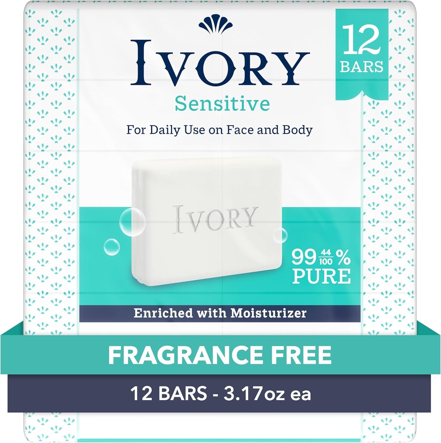 Sensitive Bar Soap, Designed for Whole Family, Fragrance Free, 99.44% Pure