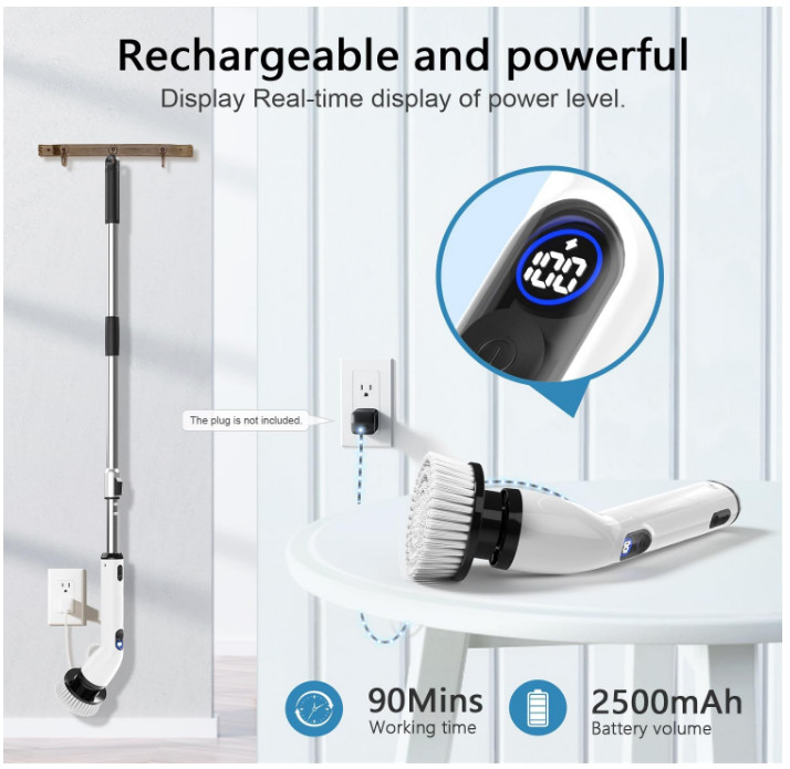 Electric Spin Scrubber, Waterproof Shower Cleaner with LCD & Extension Handle