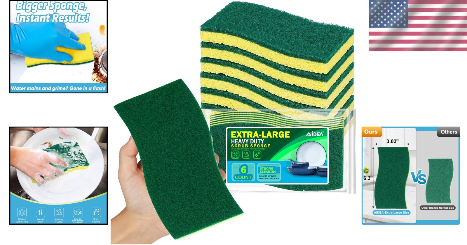 Extra Large 6 Count Heavy Duty Scrub Sponges for Kitchen and Bathroom Cleaning