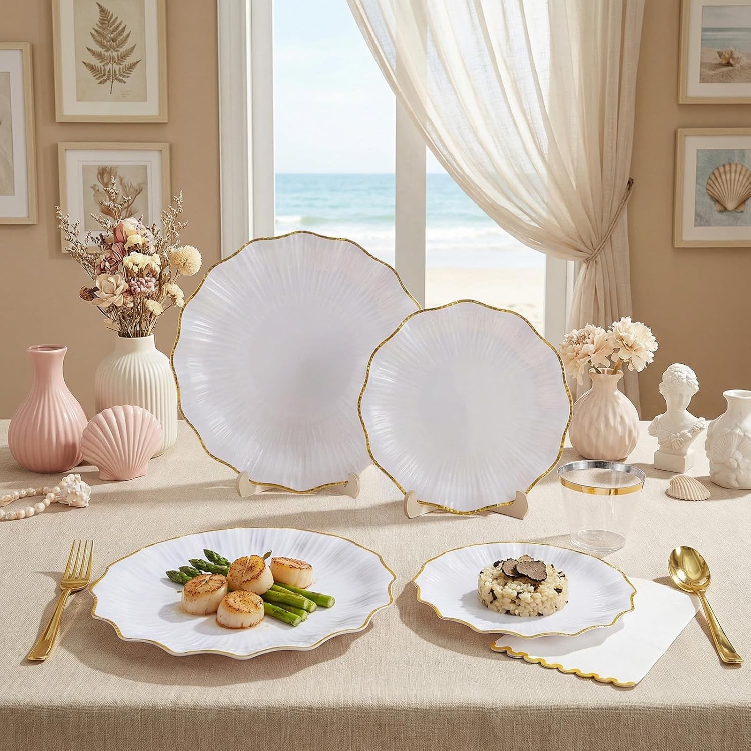 I00000 350 PCS White and Gold Plastic Plates for 50 Guests, Premium Scalloped