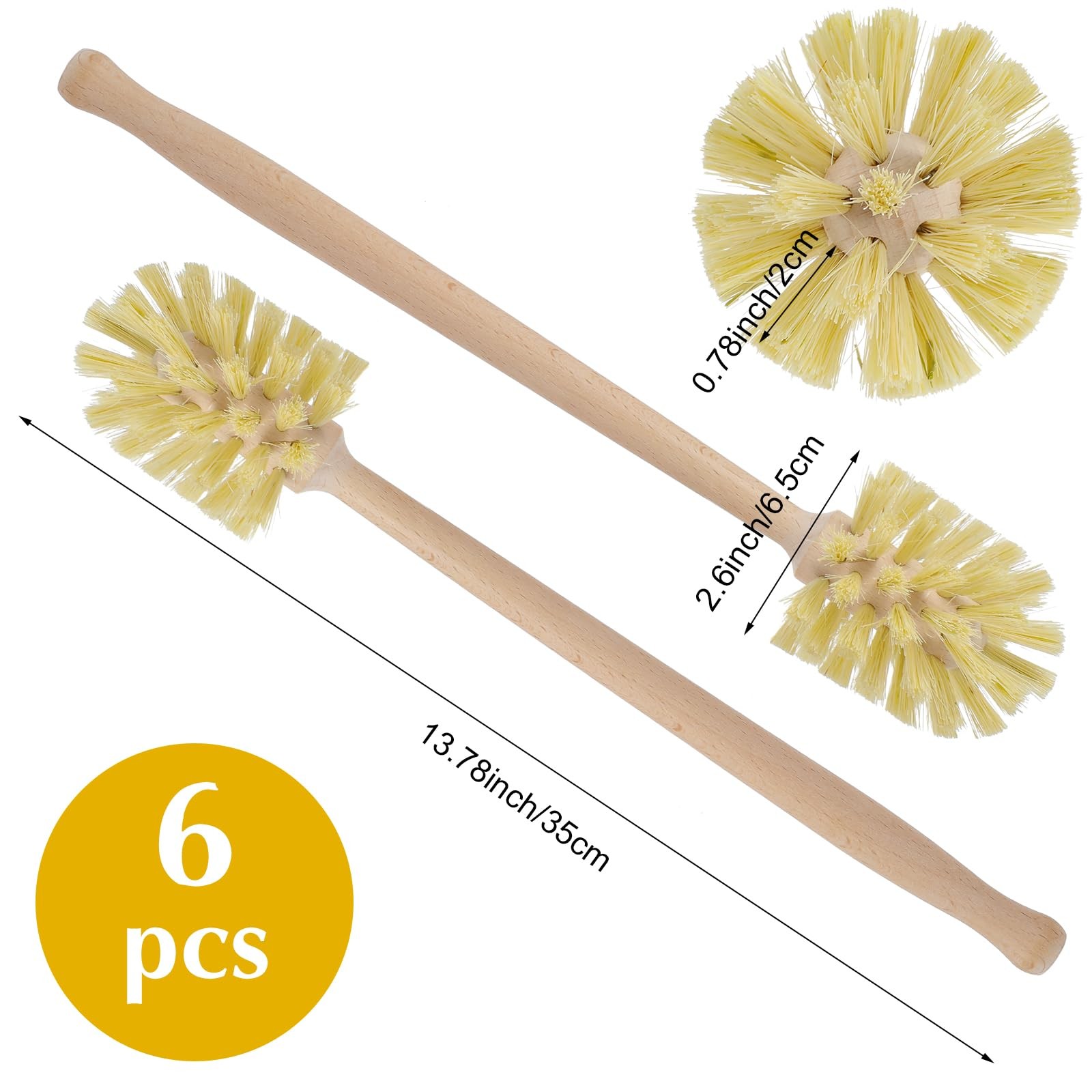 New 6 Pcs Bottle Brush Natural Wood Dish Brush Scrub with Long Beechwood Handle