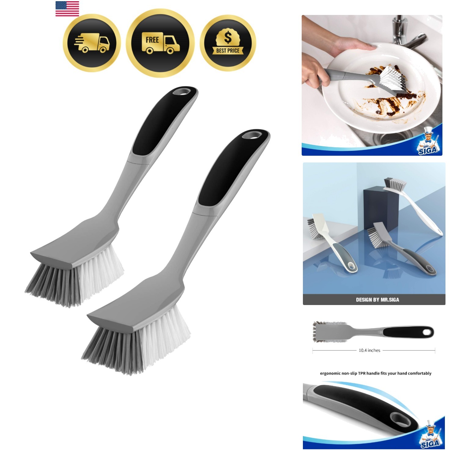 Dish Brush with Non Slip Handle Built-in Scraper, Scrub Brush for Dish, Pans,…
