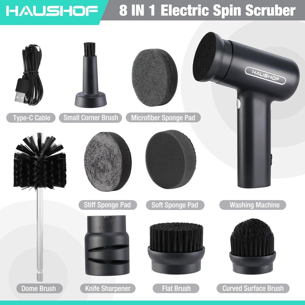 HAUSHOF Cordless Cleaning Brush Electric Spin Scrubber 8 Cleaning Heads 3 Speeds