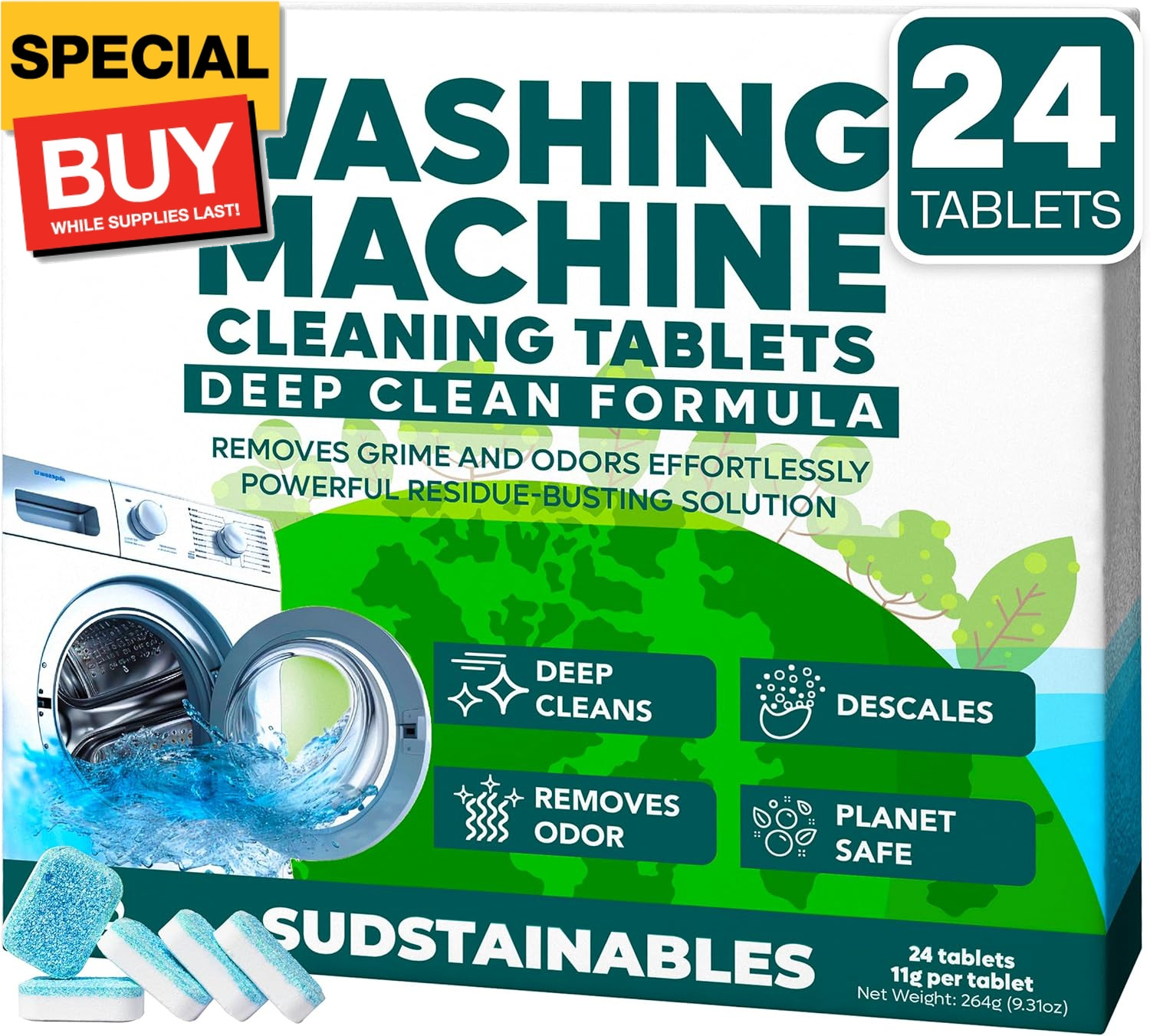 Washing Machine Cleaner Tablets (24-Pack) – Deep Clean for Front or Top Load Was