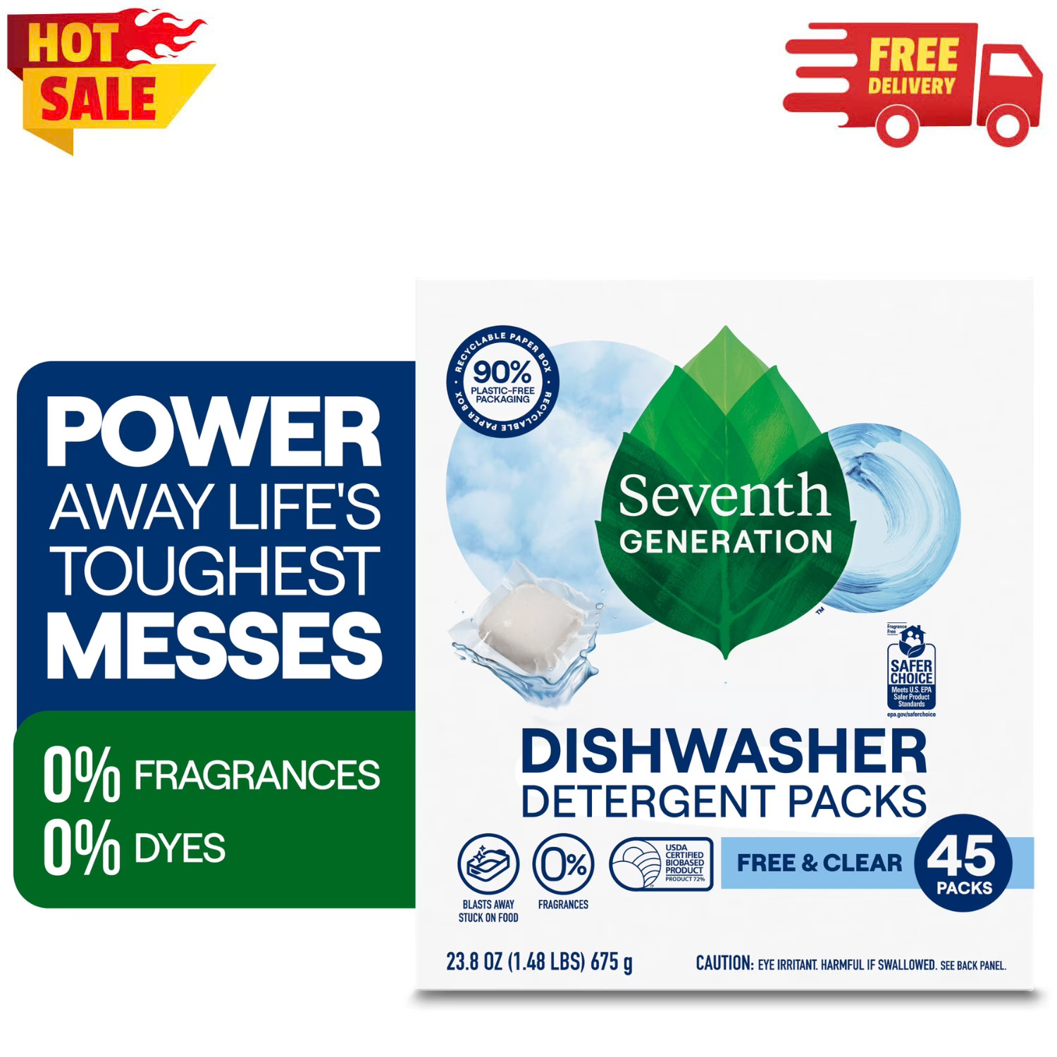 Seventh Generation Free & Clear Dishwasher Detergent Packs, 45 Count Tabs
