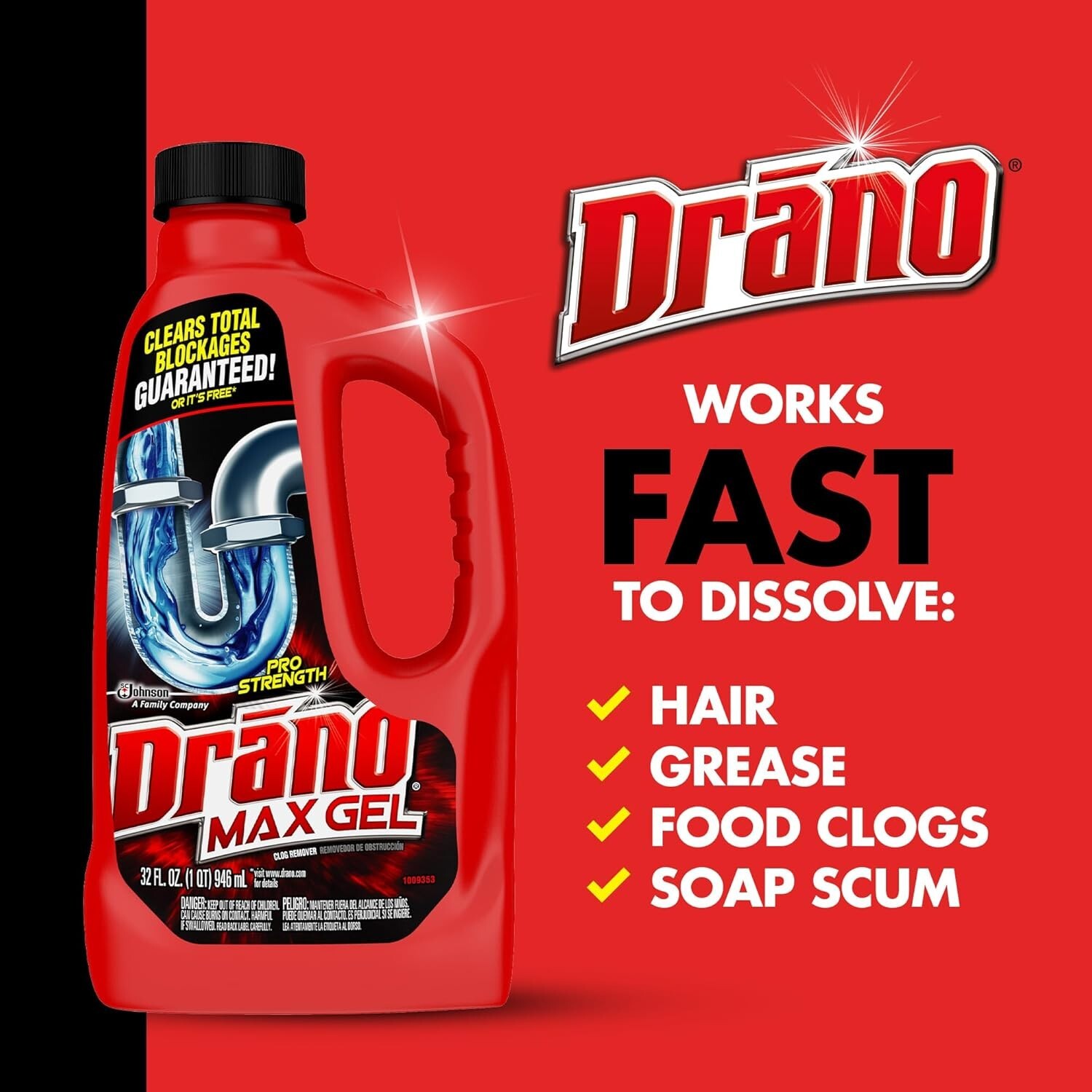 Drano Max Gel Drain Clog Remover, 32 oz – Unclogs Showers and Sinks.