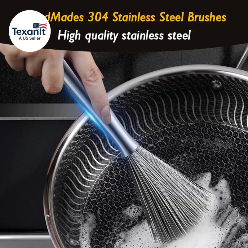 Stainless Steel Dish Brush with Handle, Metal Steel Wool Scrubber for Cast Lron,