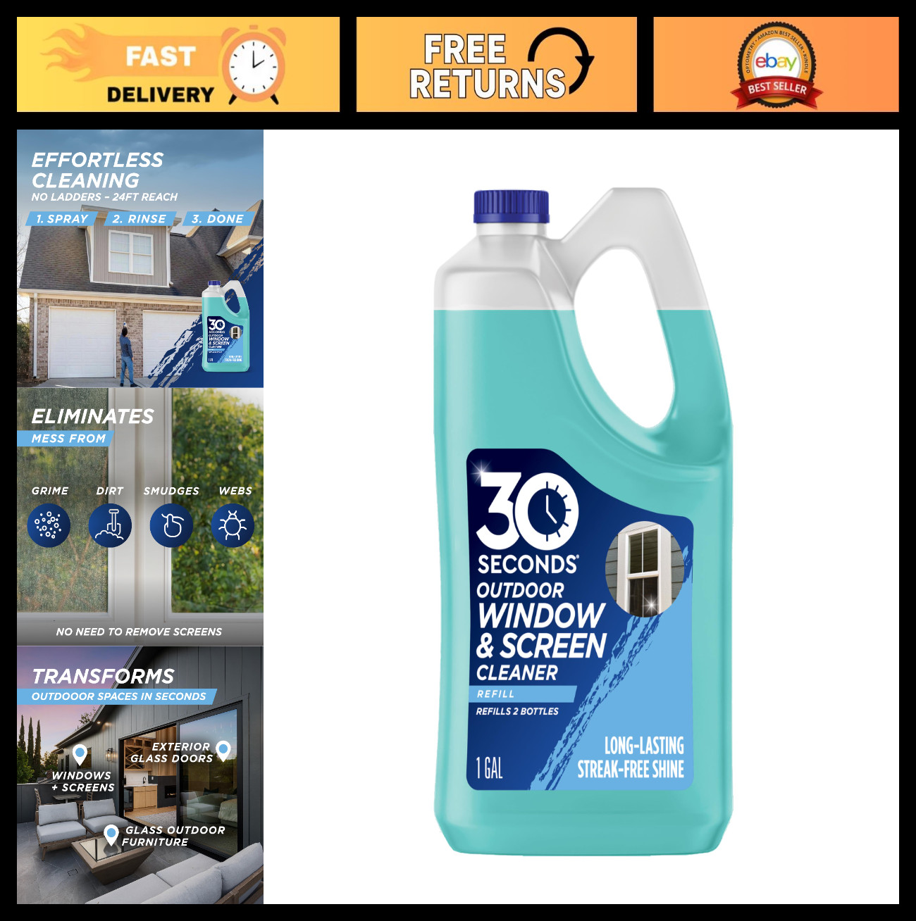 30 SECONDS Outdoor Window & Screen Cleaner – Spray & Rinse, No Removal, 1.1 Gall