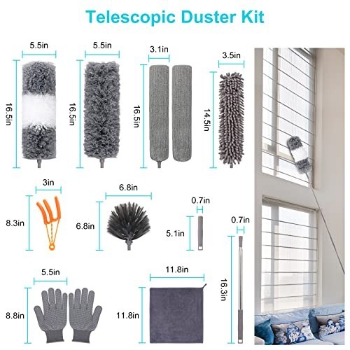 12pcs Microfiber Duster Set with Extension Pole 30-100”, Washable Bendable Dust