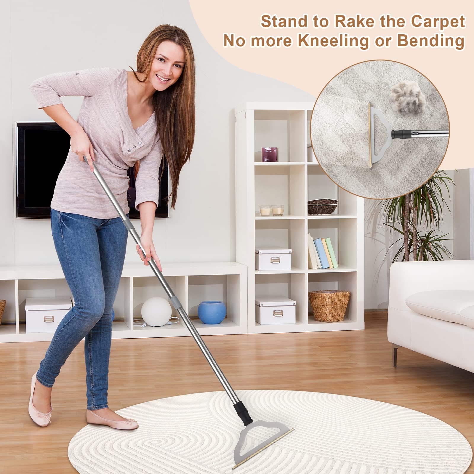 47“ Adjustable Long Handle Carpet Rake Pet Hair Remover, Reusable Large Metal…