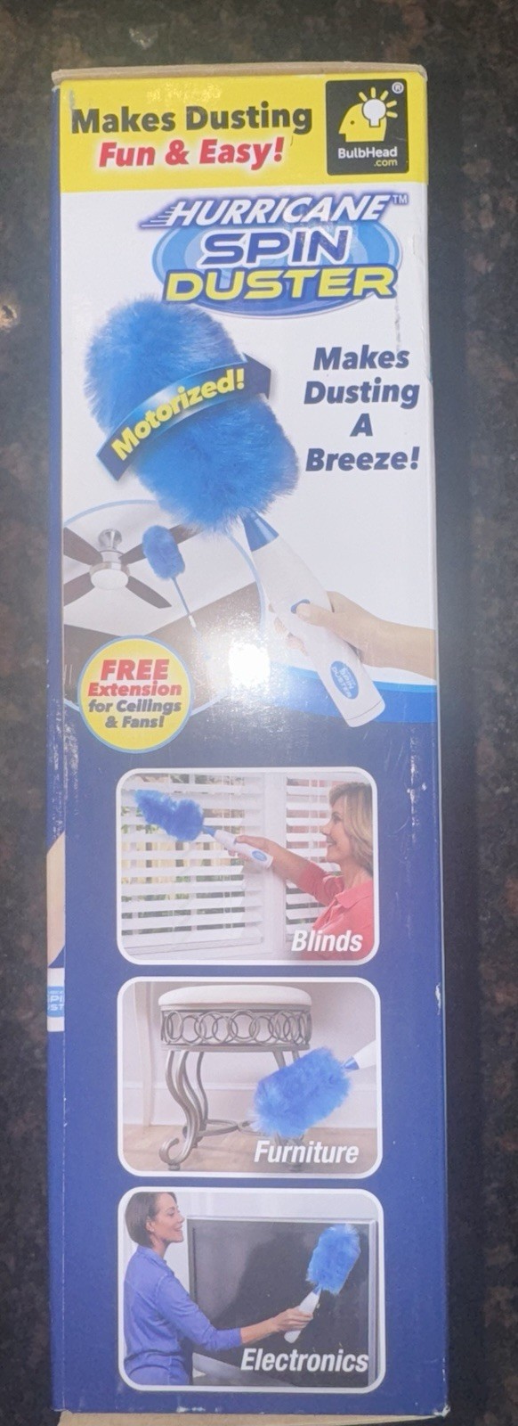 Hurricane Spin Duster Motorized Dust Wand w/3ft Extension For Ceiling Fans NIB