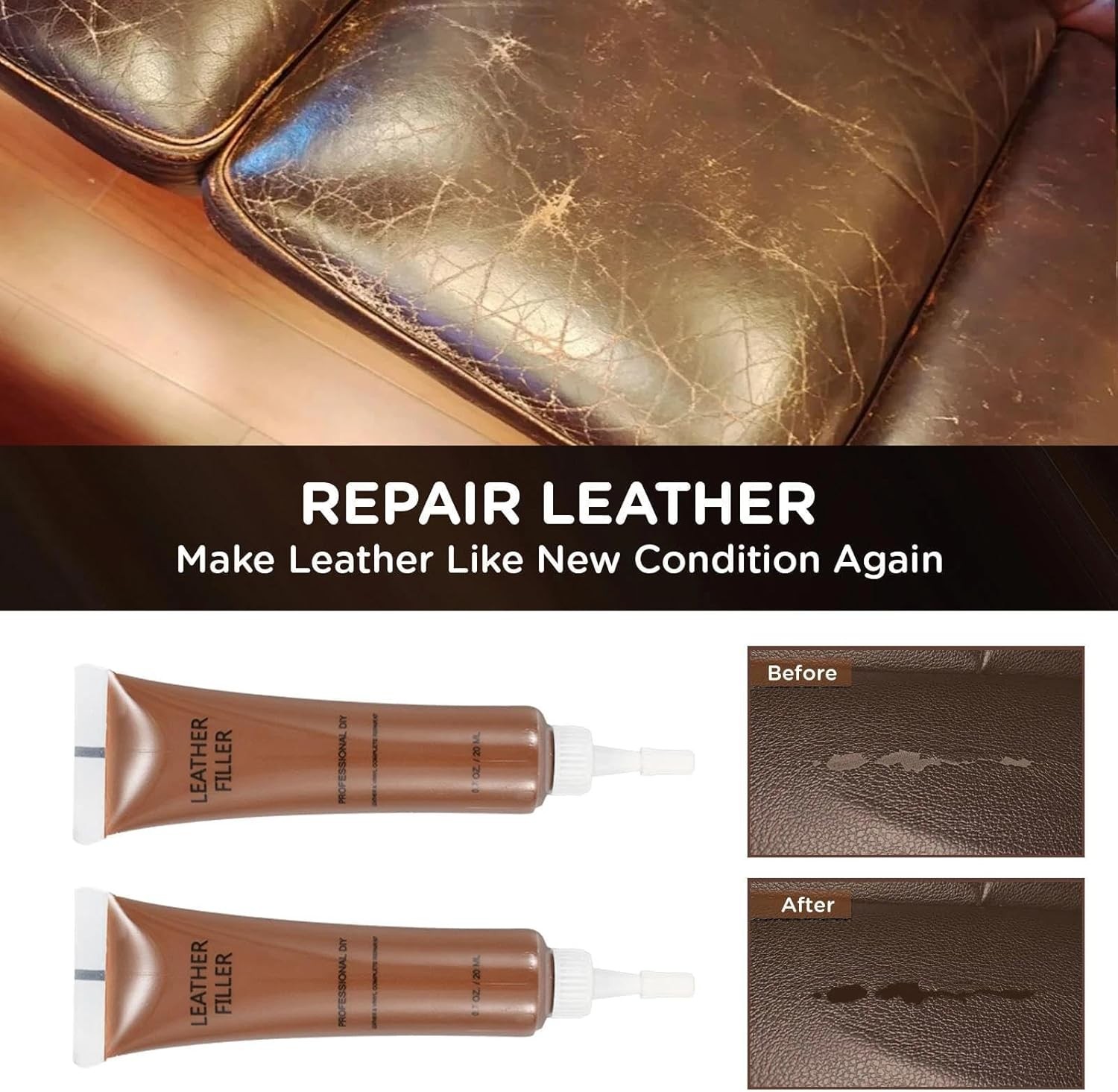 Repair Kit for Furniture, Car Interiors, Car Seat, Brown Leather & Vinyl Repair