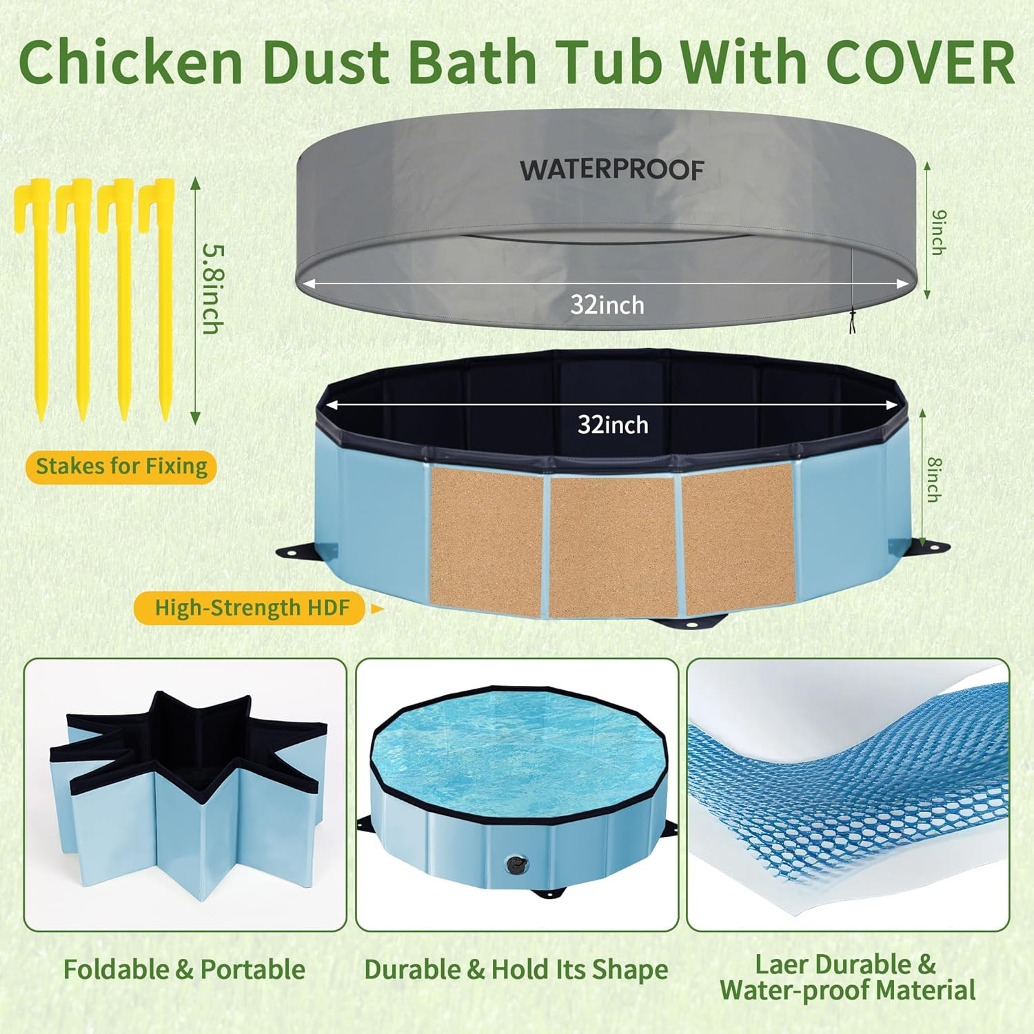 Chicken Dust Bath Tub – 32″D & 8″H Foldable Chicken Coop Accessories to Mix Sand