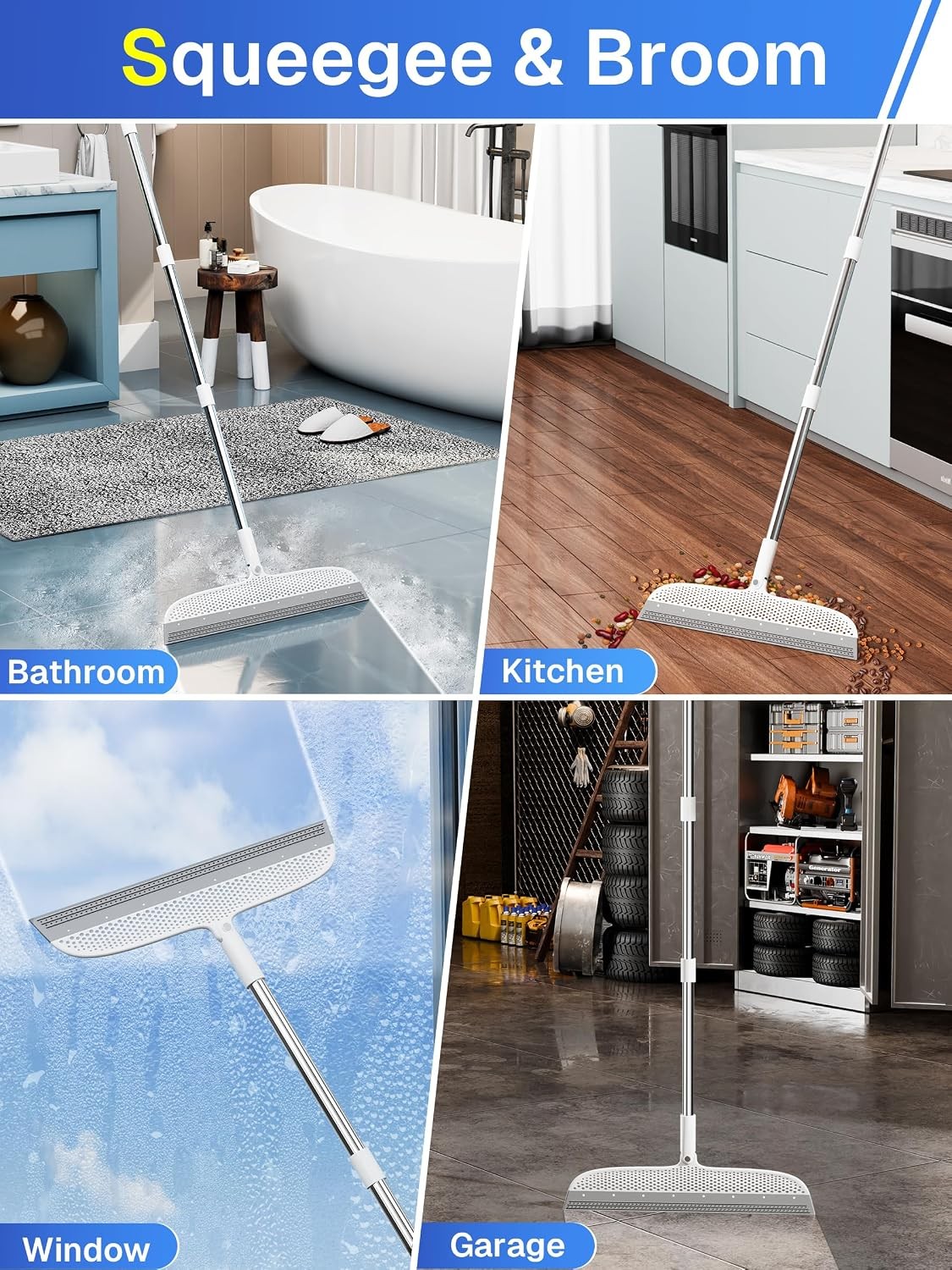 Silicone Floor Squeegee, 180° Rotating Air Broom, Squeegee for Floor with a Long