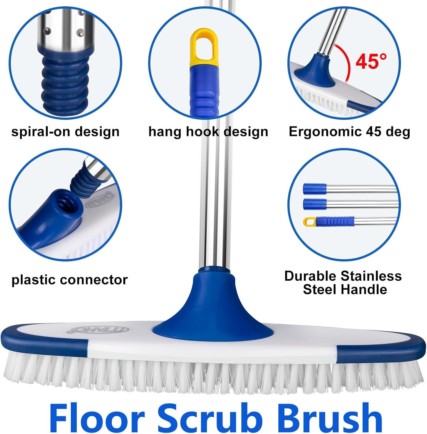 Floor Scrub Brush with Long Handle – 53″ Deck & Grout Cleaner Brush Set for Tile