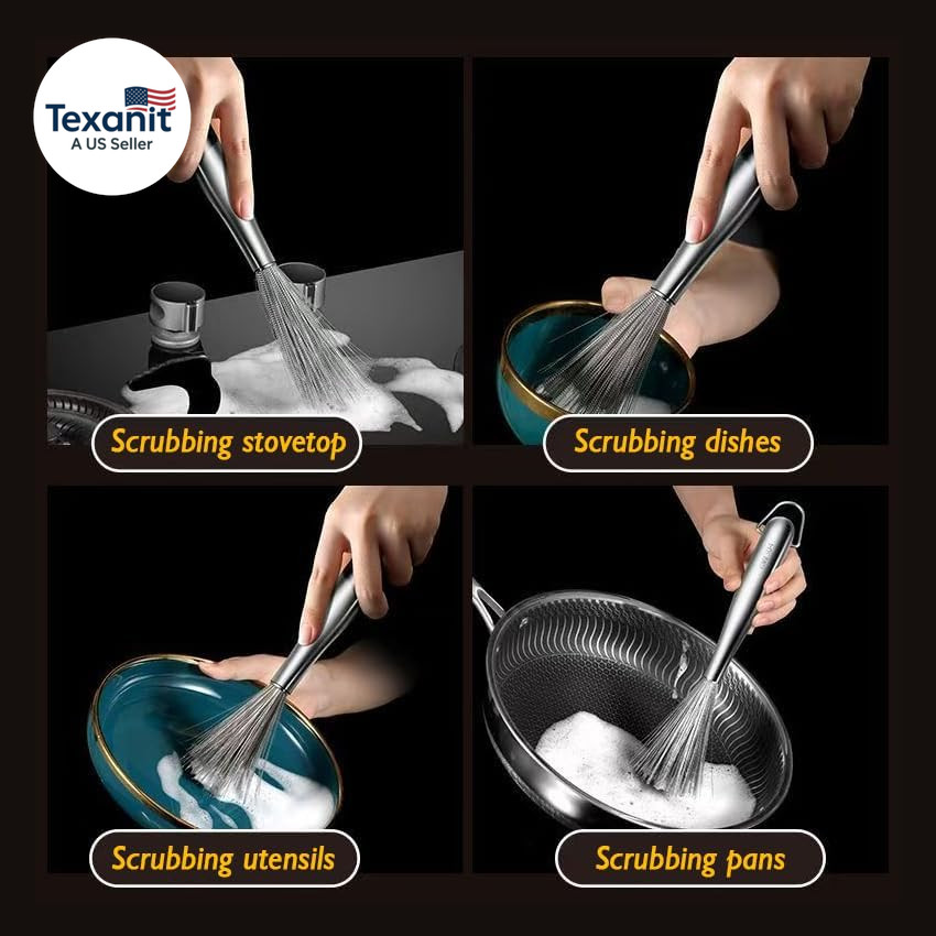 Stainless Steel Dish Brush with Handle, Metal Steel Wool Scrubber for Cast Lron,