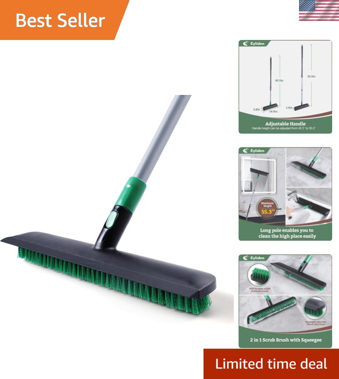 X-Large Floor Scrub Brush, 2 in 1 Scrape Brushes with Rubber Squeegee | 55.3″…