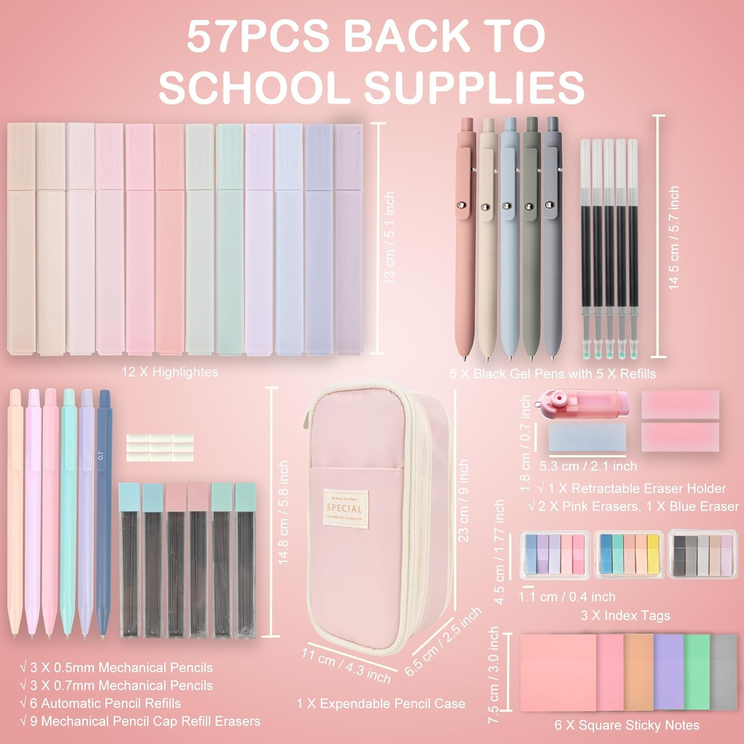 Aesthetic School Supplies with Pencil Pouch – 57 Pcs Cute College Essentials Set
