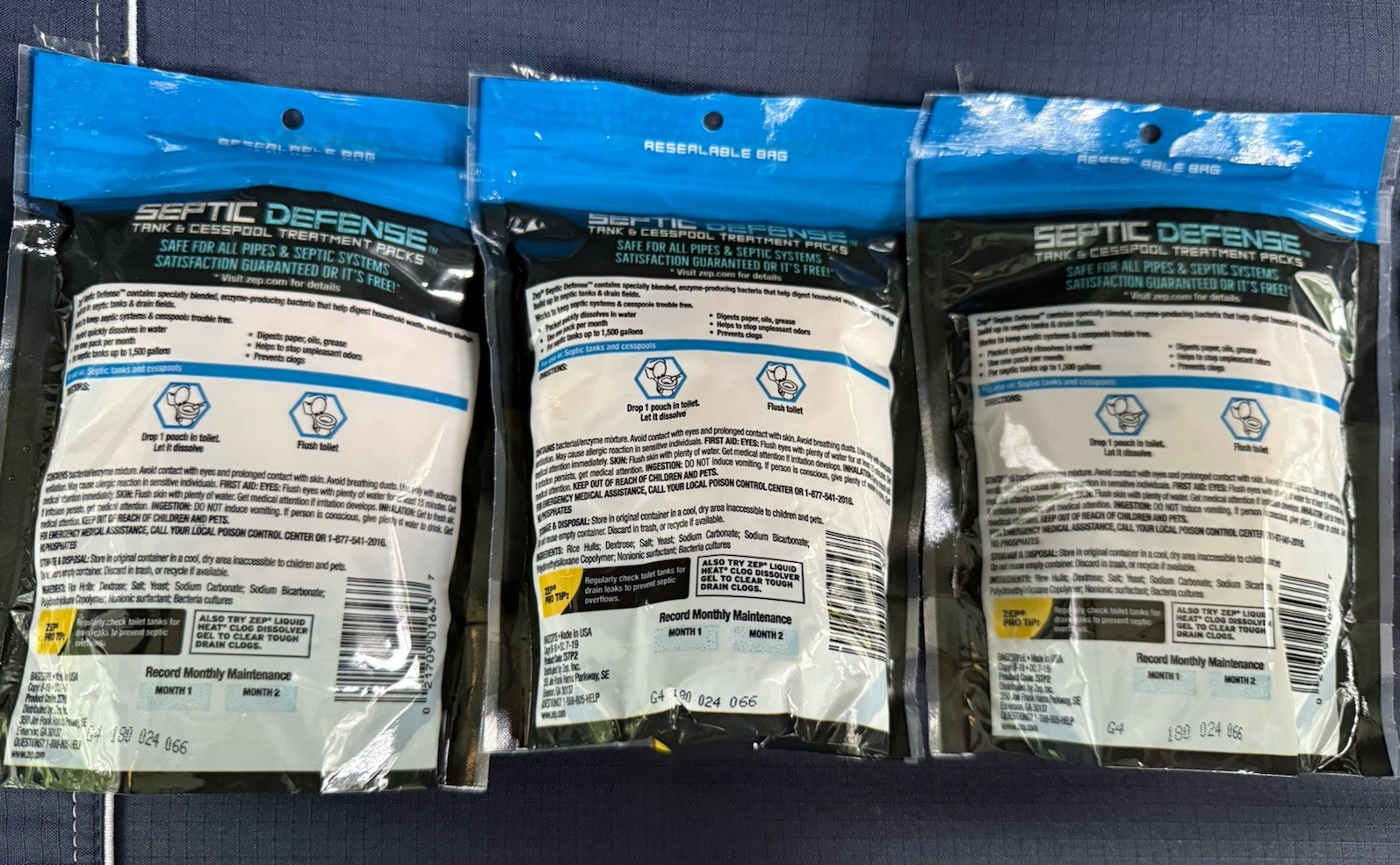 ZEP Septic Defense Tank & Cesspool Treatment Packs 12 Oz Total (3 Bags@4 Oz Ea)