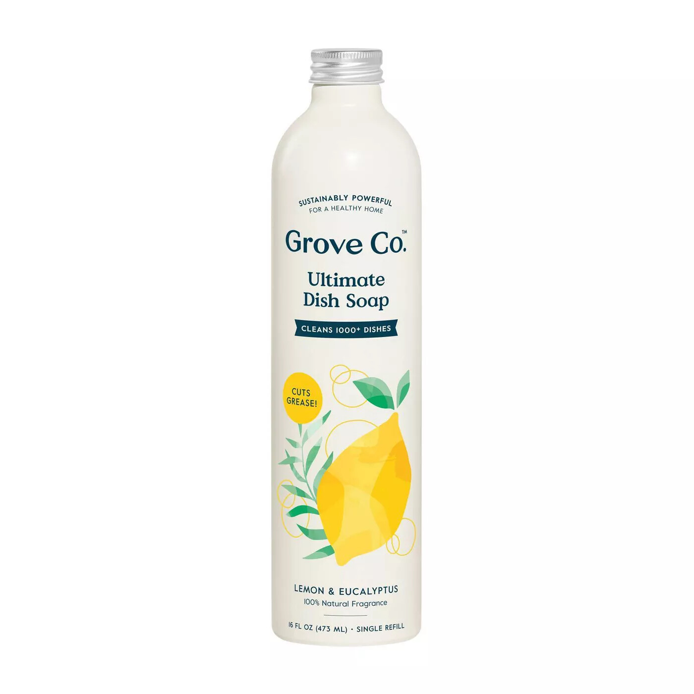 Grove Co. Ultimate Dish Soap Refill in Aluminum Bottle – Lemon & Eucalyptus 16oz