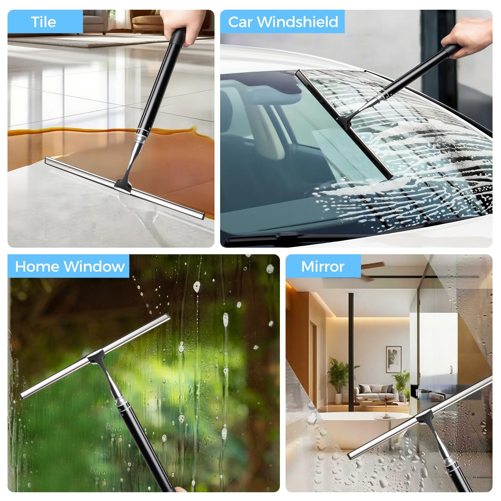 16.7“- 59.5″ Long Handle Window Squeegee with Extension Pole, 12.4″ Wide Meta…