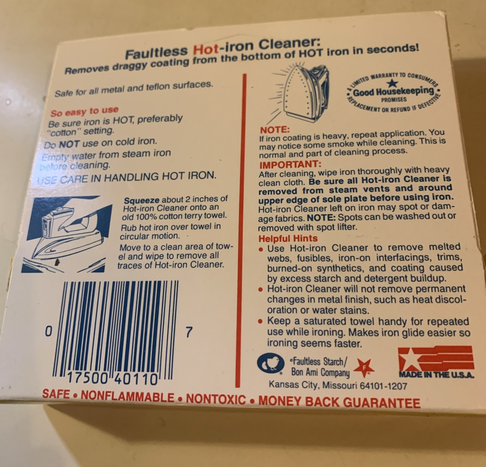 Faultless Starch Hot Iron Cleaner 1oz 28 Grams Removes Draggy Coating Made in US