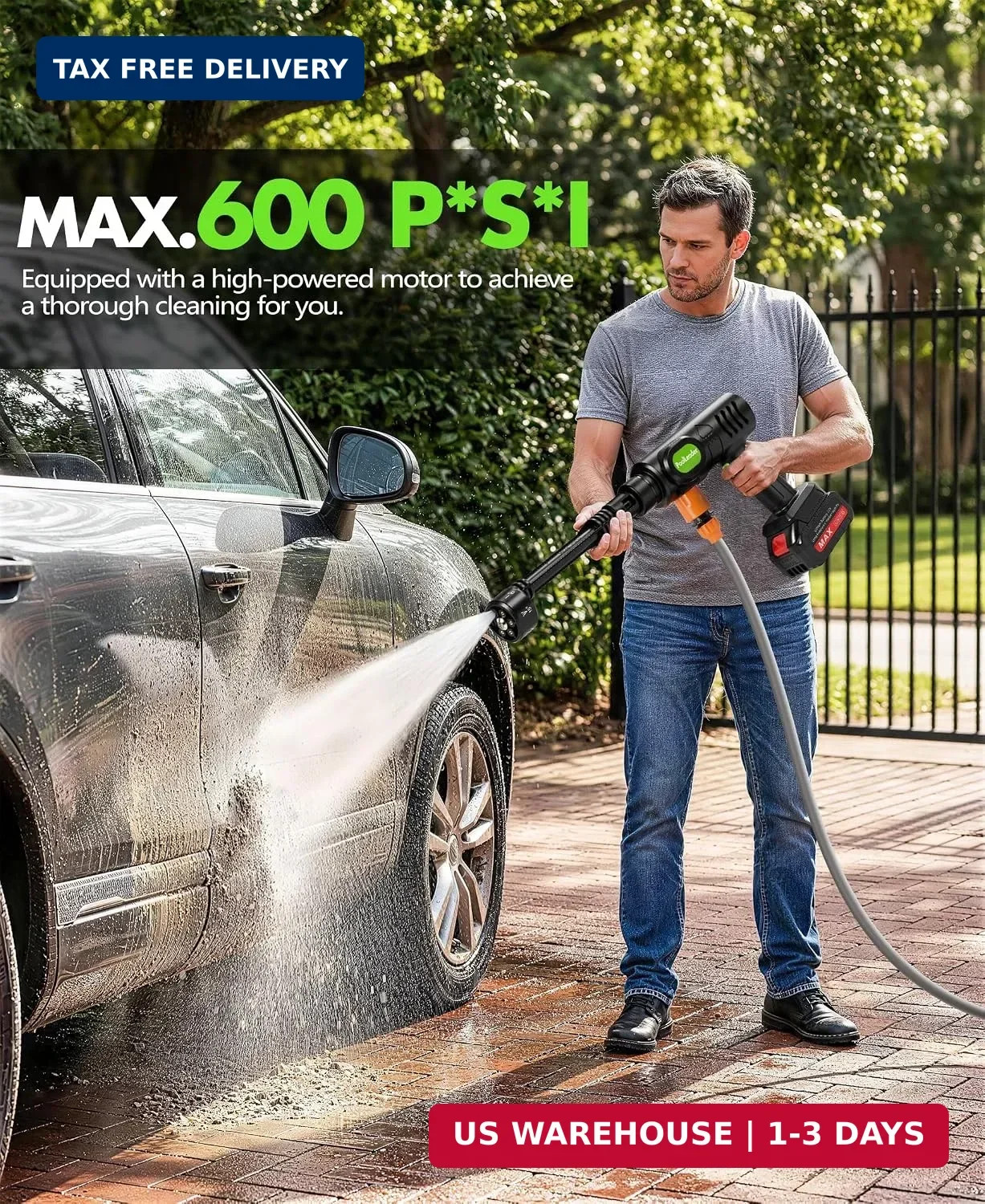 PoolLeader Cordless Car Washing Tool, Portable Vehicle Cleaner with 6-in-1 Nozzl