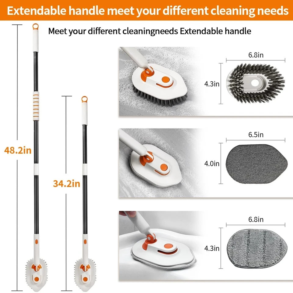 Tub Scrubber Brush with Long Handle 3-in-1 Non Scratch Shower & 5 Detachable
