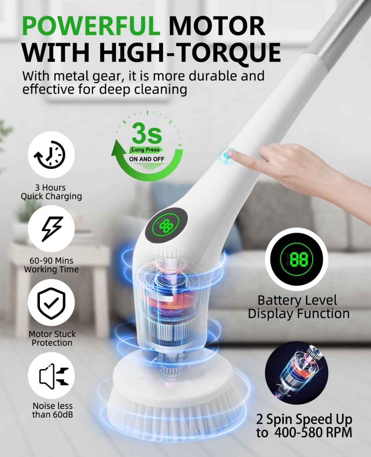 Vicmayun Cordless Electric Spin Scrubber | Rechargeable Power Cleaning Brush