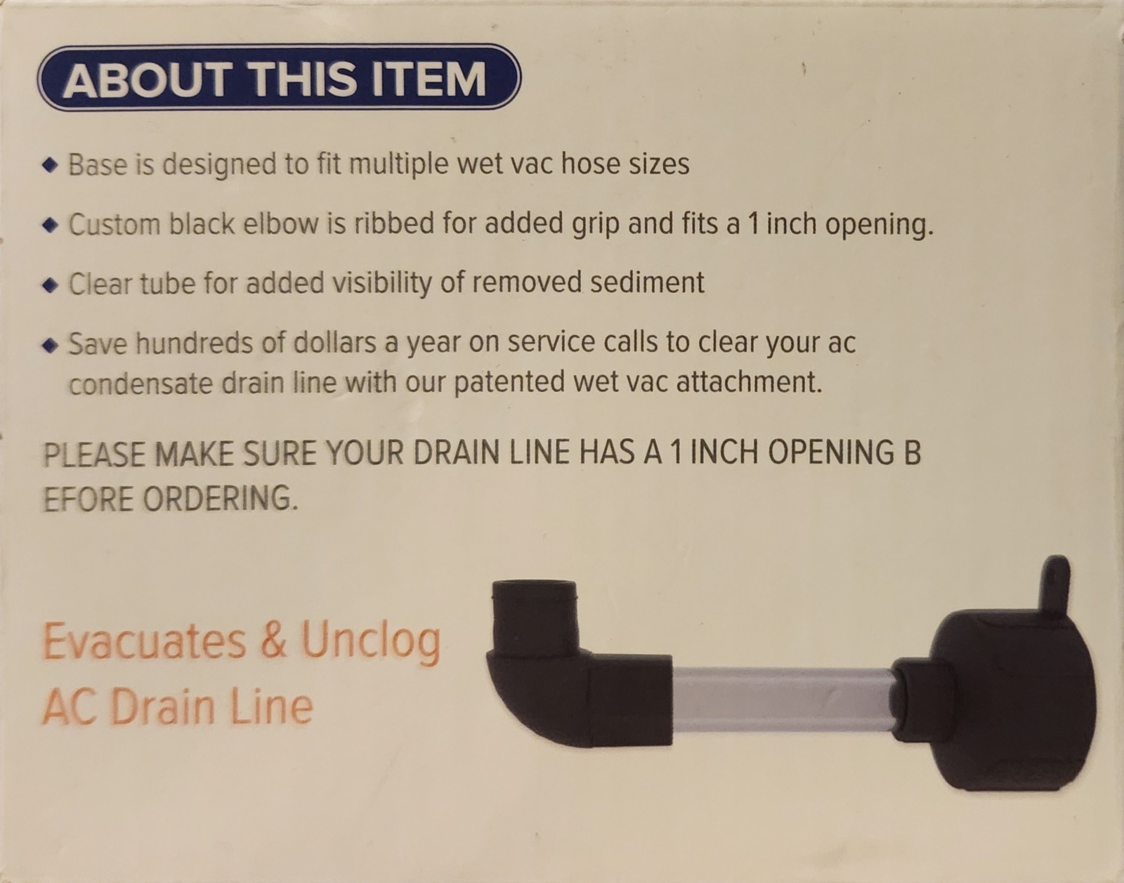AC Drain Line Cleaner Adapter 1″ DRAIN LINE ONLY Unclog HVAC Universal Fit